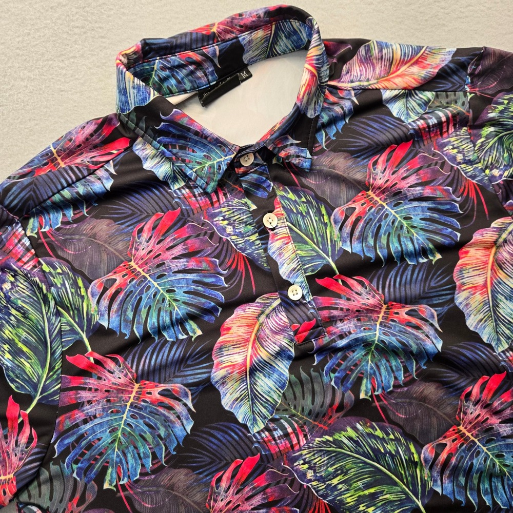 Sunday Swagger Mens Tropical Monstera Leaf Print Golf Polo Shirt Black Size M